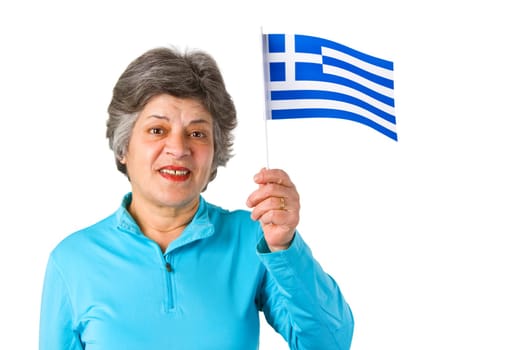 Greek senior woman with national flag - isolated on white background