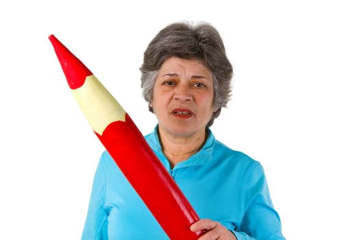 Senior woman with red pencil - isolated on white background