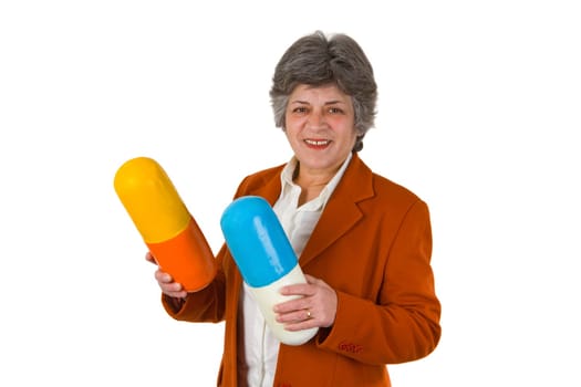 Senior woman with pills - isolated on white background