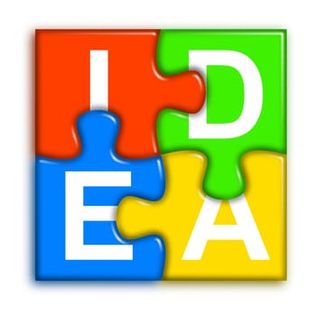 four multi-color puzzle pieces combined representing idea concept