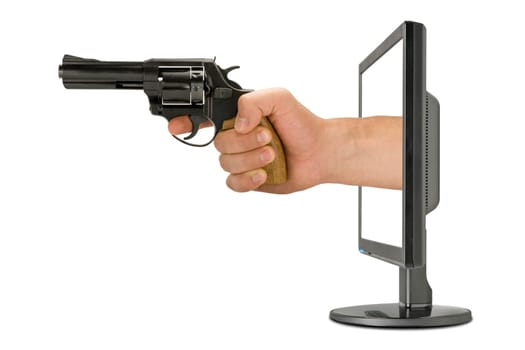 Computer monitor and hand with gun. isolated on white