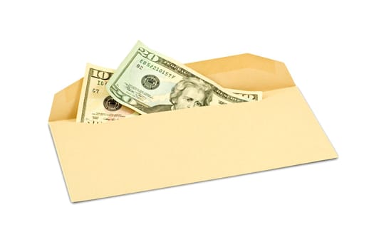 corruption concept. Dollar banknotes in envelope on white