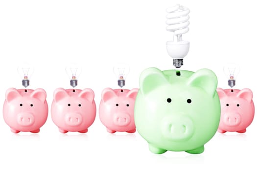 concept for energy saving. piggy banks and light bulbs.