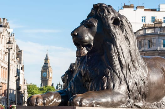 Cropped shot of lion statue in Trafalgar square in central London, UK.