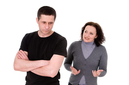 husband and wife quarrel isolated on white background