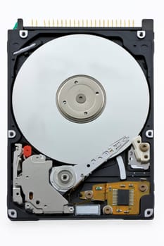 Close-up inside view of hard disk isolated on white background