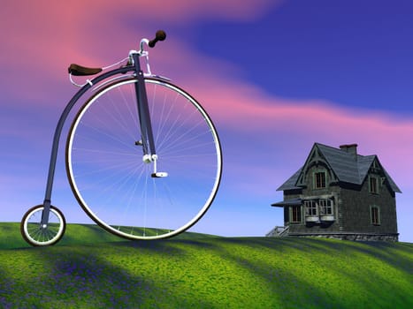 Beautiful old bicycle on the grass going toward an old cottage by sunset