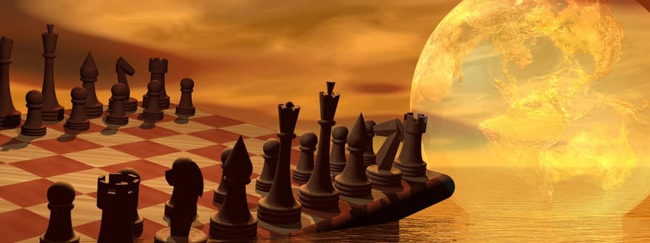 Chess and an earth trying to convey global business strategy in brown background
