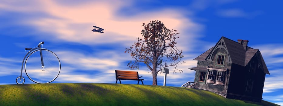 Old bicycle, cottage house, bench, tree and biplan in a countryside scenery by sunset