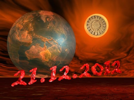 Maya prophecy on the sun next to the earth and the end of the world date in a firing red background
