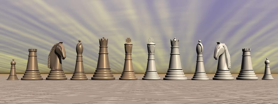 Complete set of brown and white chess pieces in grey background
