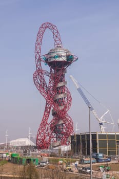 LONDON, UK – MARCH 24: Anish Kapoor&#039 s sculpture for the Olympic Park on March 24, 2012 in London. The Olympic Park is due to be ready in summer for the games.