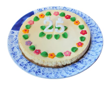 Birthday cheese cake with candles (25), isolated on white.