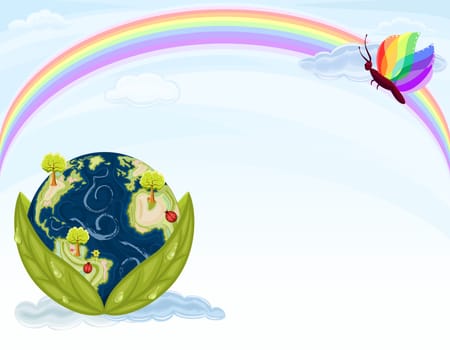 Green Earth - preserving our beautiful Nature. Planet Earth inside green leaves with blue sky and rainbow.