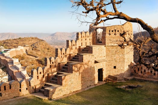 Kumblegarth Fort, Kumbhalgarth, Rajasthan, India, Landscape of one of the towers of the 15th century built fort showing part oif the wall that stretches 34kms and the only other man made structure aprt from wall of China that is visible from space