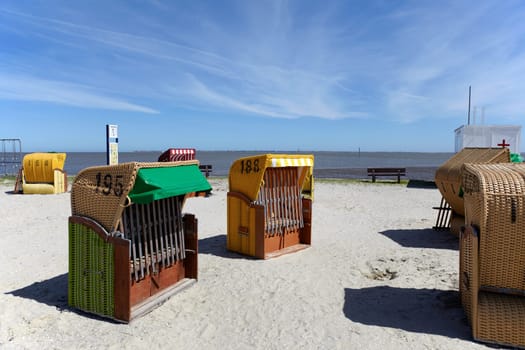 Numerous beach chairs on the beach of the Baltic Sea
