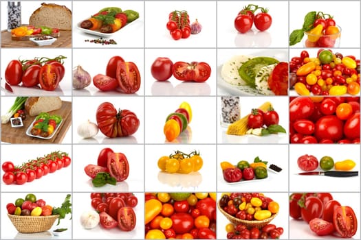 Collage with different tomatoes and other ingredients