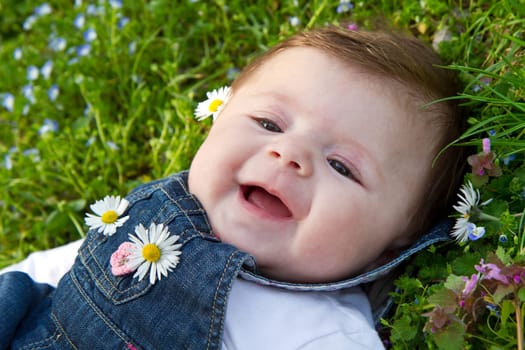 baby on green grass with daisy