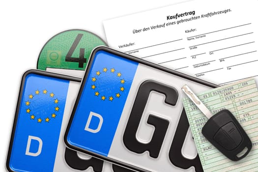 License plates,car keys and documents on white background.