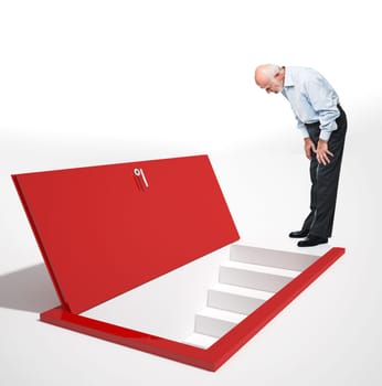 old man look red door on floor