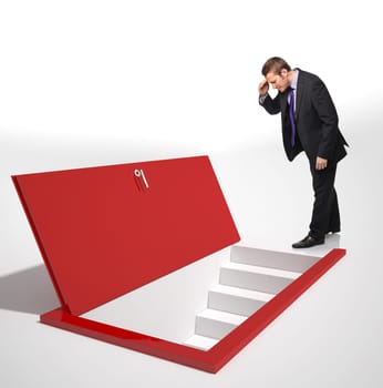 man look into a red door on floor