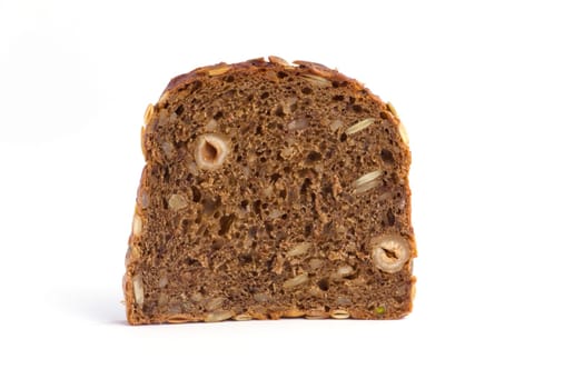 A slice of whole wheat bread on a white background
