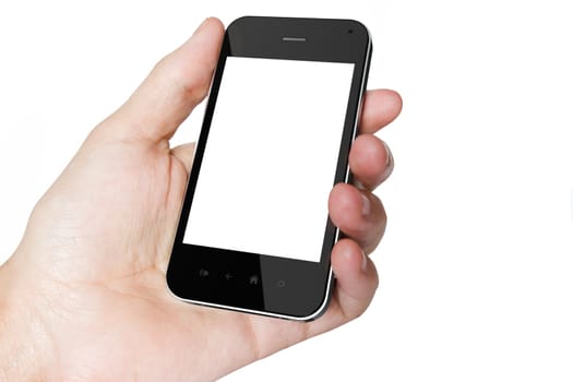 Hand holding Smartphone with Blank Screen isolated on white