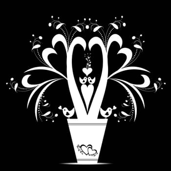 Valentines floral and birds isolated on black background