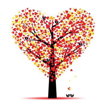 Valentine tree with hearts leaves and birds
