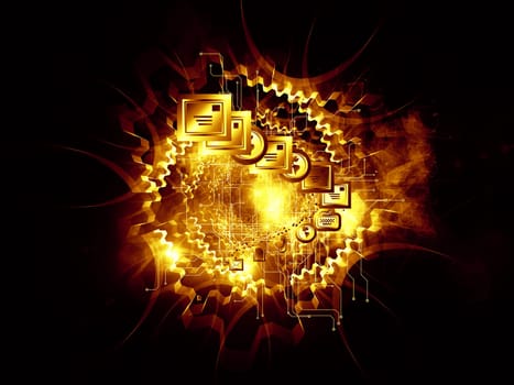 Abstract design made of communication symbols, gears and abstract design elements on the subject of global communications, messaging, information exchange and modern technologies