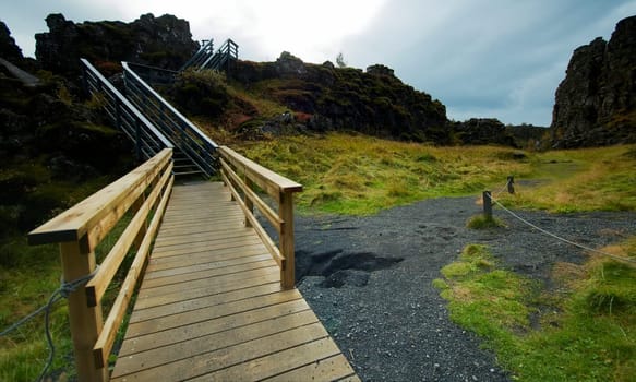 Wooden passage at Icenland&#039 s Thingvallir National park