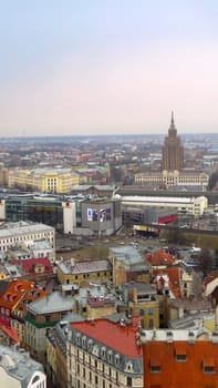 Aerial view of Riga downtown with market on the background
