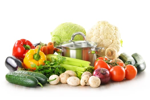 Composition with pot and fresh vegetables isolated on white