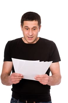 frightened man with letter isolated on white background