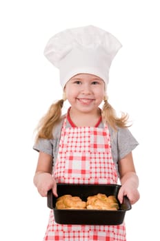 girl in chef&#039 s hat with baking  isolated on white background