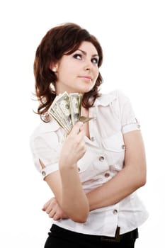 A girl in a blouse with dollars in her hand