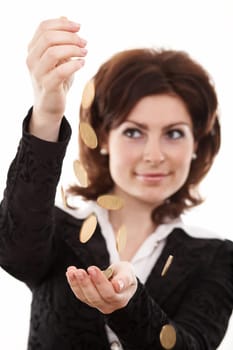A smiling woman with coins on her palms