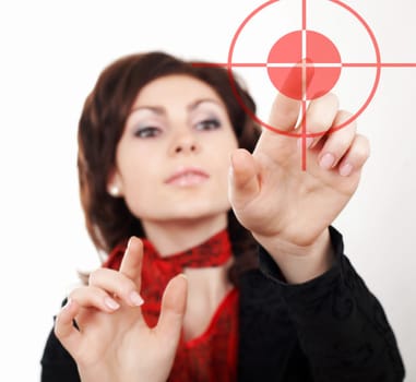 A girl printing something imaginery in the air
