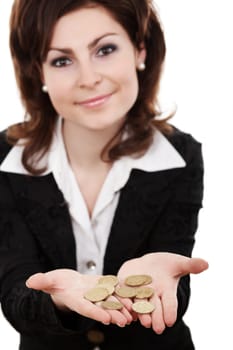 A nice girl showing golden coins on her palms