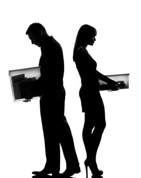 one caucasian couple man and woman in studio silhouette isolated on white background