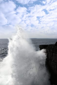 cliffs and coastline of the burren in county clare ireland with giant waves crashing on the rocks