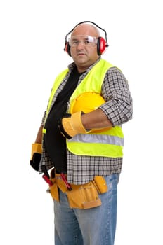 Plump construction worker isolated in white