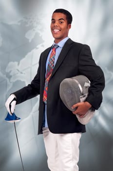 Young male fencer businessman posing