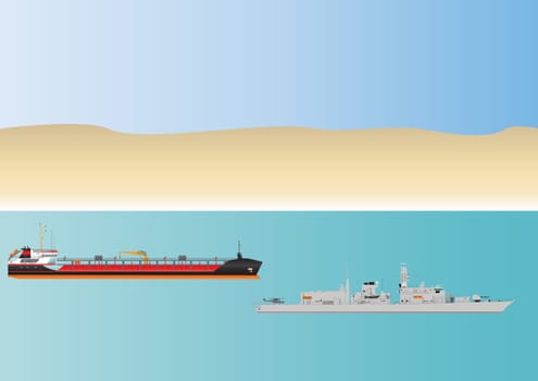 An Oil Tanker and escorting Warship in Dangerous Pirate Infested Waters
