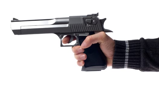 hand holding a pistol on white close up