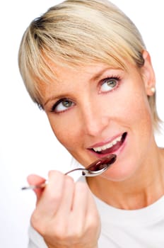 young woman taking syrup close up shoot