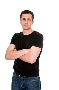 mid adult man in the black t-shirt isolated on white background
