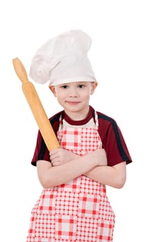 boy in chef&#039 s hat stand crossed arms isolated on white background