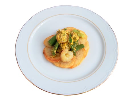 dish and scrambled eggs with asparagus and garlic shrimp cut and isolated on a white background