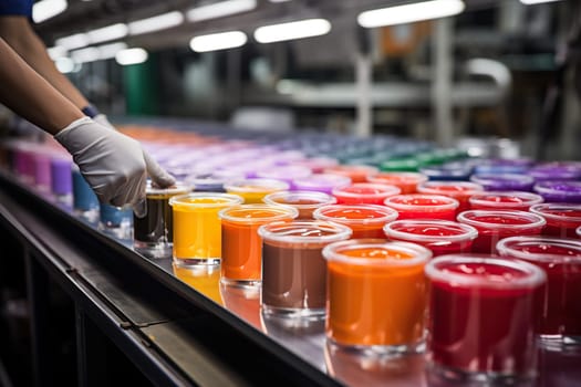 Factory for the production of paints. Jars of paint of different colors on a conveyor belt.